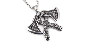Detailed view of Viking battle axe pendant with raven engravings and box chain