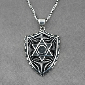 Punk Men Titanium Steel Shield Star Of David Pendant Necklace Retro Gothic Hip Hop Jewelry With Box Chain Silver Tone