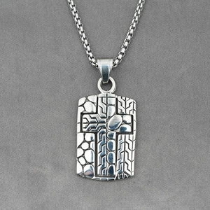 Vintage Titanium Steel Cross Pendant Necklace For Men Retro Hip Hop Rectangular Plate Industrial Style Relief Neck Chain Jewelry