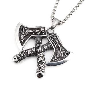 Vintage Viking Double Axe Pendant Necklace Stainless Steel Norse Mythology Dragon Raven Carved Gothic Hip Hop Jewelry For Men Women