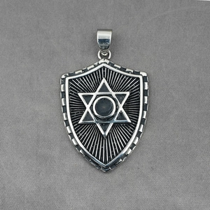 Punk titanium steel shield pendant necklace with hexagram star and retro finish