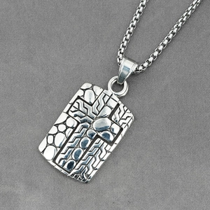 Retro silver cross necklace for men featuring a square pendant and steel box chain