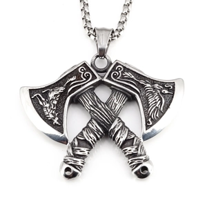 Vintage Viking double axe pendant necklace in retro silver stainless steel for men