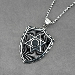 Punk shield pendant necklace with hexagram star detail and vintage titanium steel chain