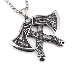 Retro Viking battle axe pendant necklace in stainless steel with crow engraving