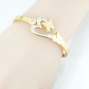 Fashion Titanium Steel Butterfly Heart Bangle For Women Gold Plated Rhinestone Inlaid Open Bracelet Elegant Jewelry Gift