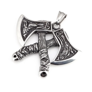 Retro Viking battle axe pendant in stainless steel with Nordic dragon engravings for men