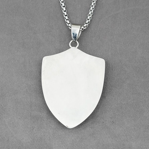 Punk style silver shield pendant necklace in stainless steel with box chain for men
