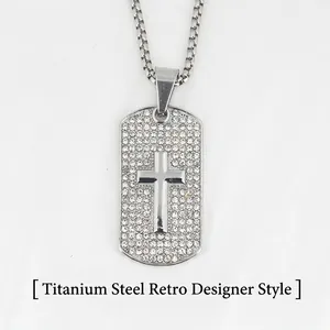 Roestvrij Stalen Strass Kruis Hanger Ketting Hip Hop Religieuze Sieraden Voor Mannen Vrouwen Zilveren Rechthoekige Tag Ketting