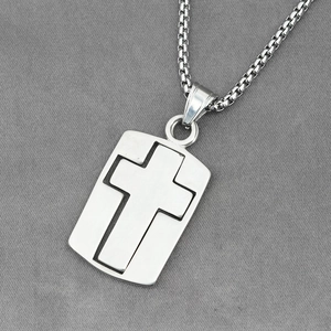 Silver square cross pendant necklace with box chain for men, vintage hip hop jewelry style