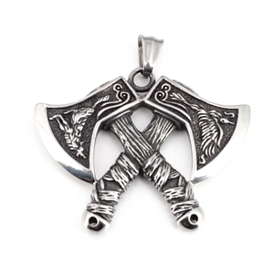 Vintage Viking double axe pendant necklace in polished retro silver stainless steel for men