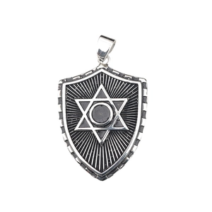 Men's punk style titanium steel necklace with shield and hexagram star pendant
