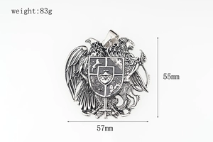 Detail view of large eagle lion shield pendant with 57mm width and 55mm height specs