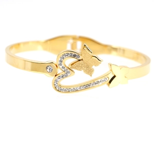 Gold butterfly and heart bangle with cubic zirconia accents in polished titanium steel