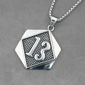 Hip-hop silver stainless steel hexagon number 13 pendant necklace with robust box chain