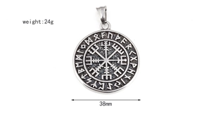 Detail view of 38mm Viking Vegvisir compass pendant with runes on stainless steel