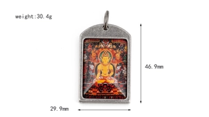 Detail view of vintage zodiac thangka pendant showing dimensions and ornate texture