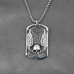Men Gothic Skull Wing Dog Tag Pendant Necklace Vintage Titanium Steel Hip Hop Punk Rock Jewelry For Men Boys Gift