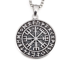 Vintage Viking compass pendant in silver steel with Nordic runes on a pearl chain