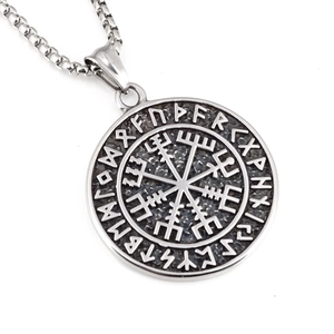 Vintage Viking Vegvisir compass pendant necklace in polished stainless steel with runic runes