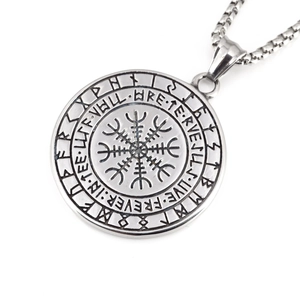 Vintage Viking compass pendant necklace with rune carvings on a square box chain