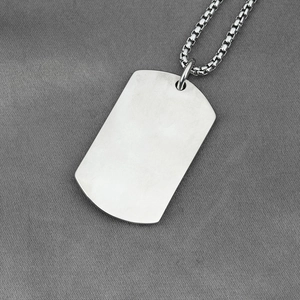 Polished silver skull style stainless steel dog tag pendant with box chain necklace