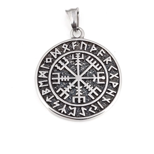 Vintage Viking compass necklace with runes, stainless steel round pendant for men