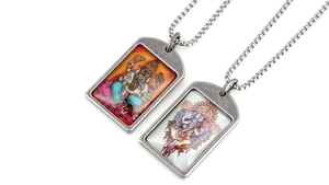 Detail of vintage Ganesha pendant necklaces with antique metal frame and bead chains