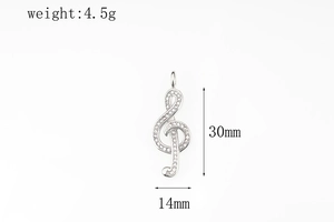 Treble clef pendant with white zircons in 30x14mm size for DIY jewelry making
