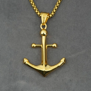 Collana con ciondolo ad ancora in acciaio inossidabile dorato lucido con catena box da uomo