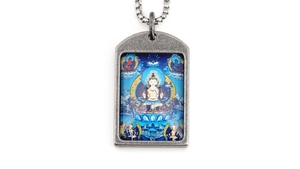Macro view of Buddhist Thangka pendant in vintage titanium steel frame with blue details