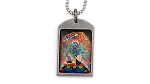 Macro view of rectangular titanium steel pendant with colorful thangka deity artwork