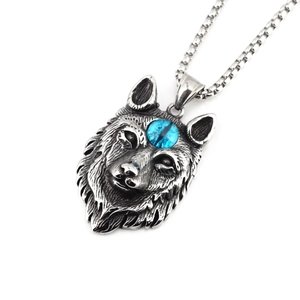 Collier Pendentif Tête de Loup Rétro Acier Titane Bijoux Hip Hop Gothique Avec Œil en Pierre Synthétique Cadeau Punk pour Hommes