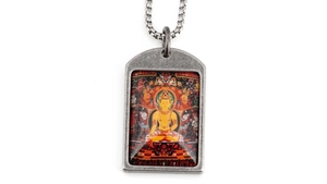 Detailed close-up of retro titanium steel necklace with colorful Thangka Buddha pendant