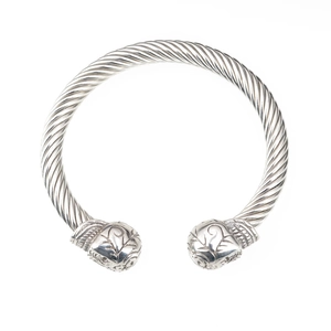 Punk style stainless steel cable cuff bracelet with engraved floral decorative end caps