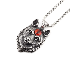 Pendentif tête de loup rétro en acier inoxydable avec pierre rouge et chaîne argentée