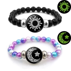 Luminous Sun Moon Beaded Bracelets Handmade Woven PU Leather Glass Cabochon Glow In The Dark Fashion Jewelry For Couples
