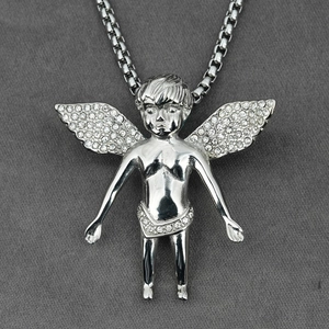 Collier Pendentif Aile d'Ange Gardien Hip Hop Incrusté de Strass Acier au Titane Breloques Cupidon pour Hommes Femmes Bijoux