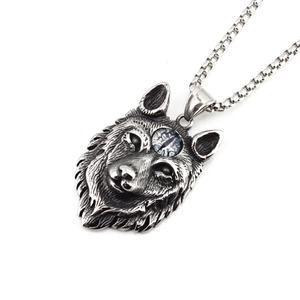 Collier avec pendentif tête de loup rétro en argent antique pour homme au style hip-hop