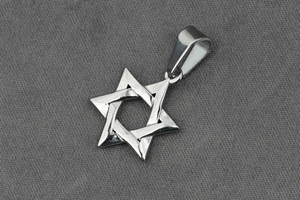 Vue détaillée du pendentif hexagramme en acier titane argenté et poli brillant