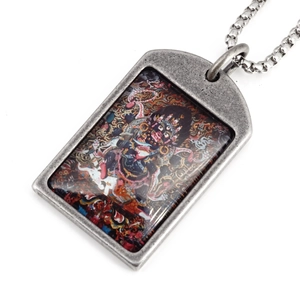 Retro stainless steel Mahakala Thangka pendant necklace with vintage silver frame