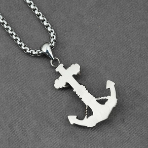 Polished stainless steel anchor pendant necklace with durable box chain on grey background