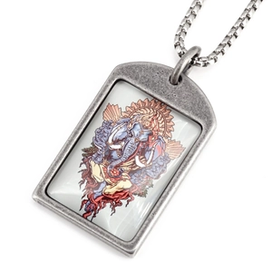 Retro stainless steel necklace with rectangular Ganesha pendant on white background