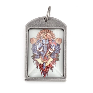 Retro titanium steel rectangle pendant with colorful Ganesha illustration and silver frame