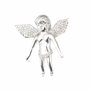 Pendentif Ange Gardien argenté serti de cristaux blancs sur un fond blanc épuré