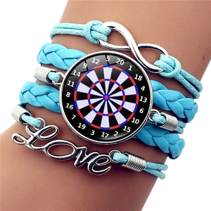 Sky blue multilayer woven bracelet featuring dartboard charm, infinity symbol and Love pendant