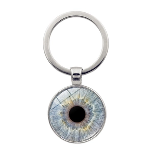 Blue iris evil eye keychain with silver metal ring and realistic fiber pattern detail