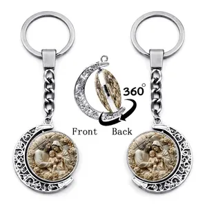 Vintage Zinc Alloy Glass Rotating Moon Keychain Religious Holy Family Virgin Of Guadalupe Pendant Keyring Gift For Women