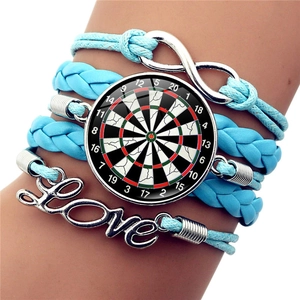 Detail of multi-layer woven bracelet with Love, infinity charm and dartboard pattern