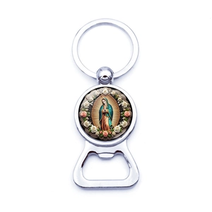 Metal beer bottle opener keychain featuring Our Lady of Guadalupe and roses in silver finish
